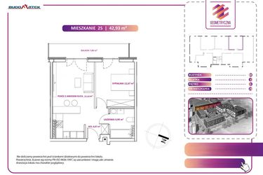 Rzut - Mieszkanie na sprzedaż 2 pokoje o powierzchni 42,93 m² - numer 25B w Geometryczna 5 - etap 3