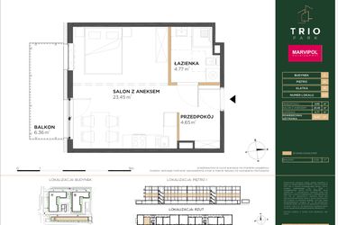 Rzut - Mieszkanie na sprzedaż 1 pokój o powierzchni 32,87 m² - numer C013 w Trio Park bud. C