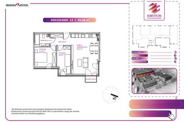 Rzut - Mieszkanie na sprzedaż 3 pokoje o powierzchni 59,36 m² - numer 13B w Geometryczna 5 - etap 3