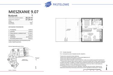 Rzut - Mieszkanie na sprzedaż 2 pokoje o powierzchni 37,29 m² - numer 9.07 w Osiedle Pastelowe etap IV