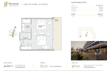 Rzut - Mieszkanie na sprzedaż 1 pokój o powierzchni 40,45 m² - numer H.2.15 w Harmony Resort